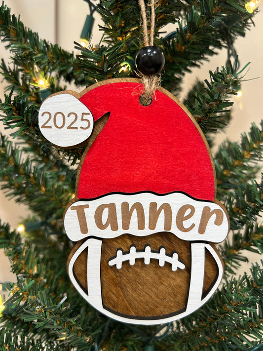 Personalized football Santa hat ornament