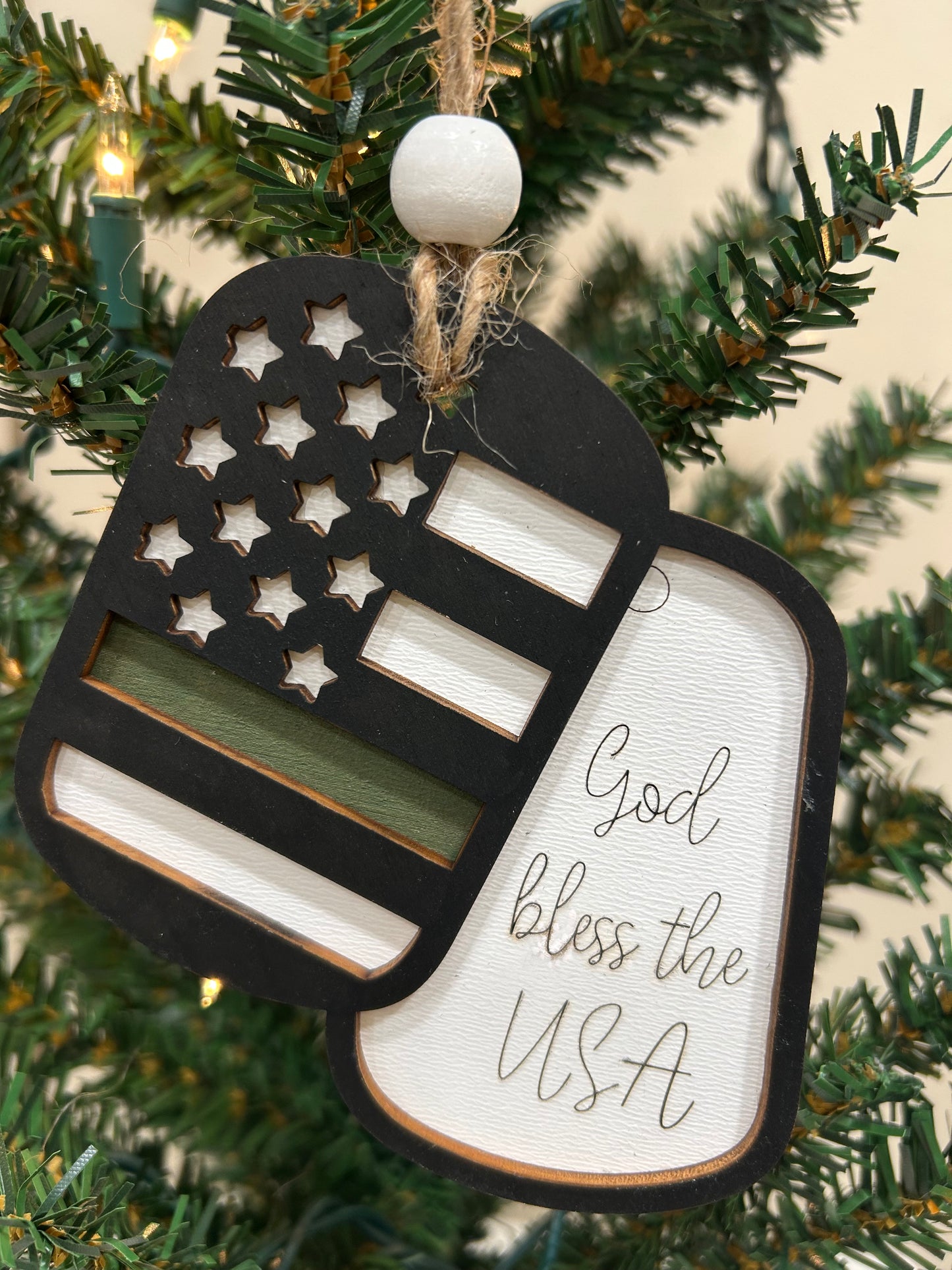 Military dog tag God bless the USA ornament