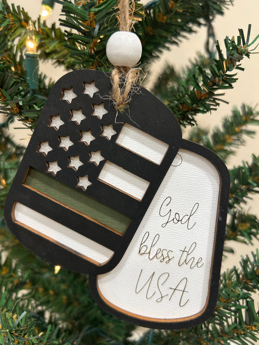 Military dog tag God bless the USA ornament